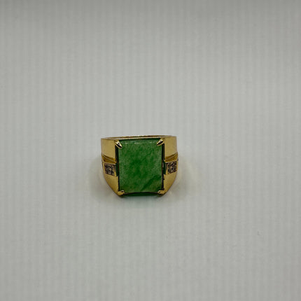 Vintage Gold Jade Ring | Emerald Green Fun Jade Clear Crystal Gemstone Lucky Golden Bronze Setting Statement Ring For Him For Her For Anyone