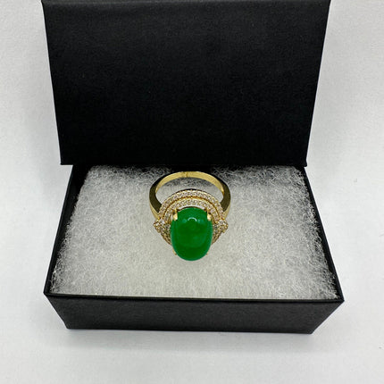 Vintage Gold Green Jade Lucky Cocktail Ring - oval shape, antique design, diamond look