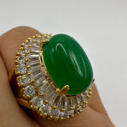 Vintage Gold Green Jade Lucky Cocktail Ring - Oval shape, antique design, diamond look