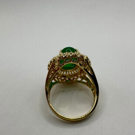 Vintage Gold Green Jade Lucky Cocktail Ring - Oval shape, antique design, diamond look