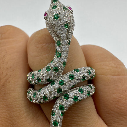 Vintage Silver Snake Ring | Green Chrome Diopside Gemstone Crystal Serpent Ring | 925 Sterling Silver Band Statement Cocktail Ring