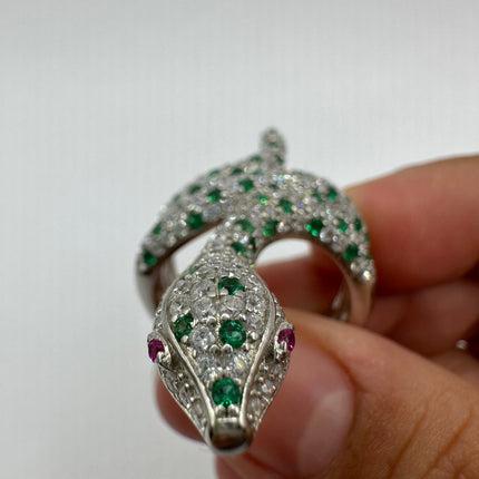 Vintage Silver Snake Ring | Green Chrome Diopside Gemstone Crystal Serpent Ring | 925 Sterling Silver Band Statement Cocktail Ring