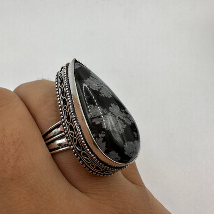 Vintage Gemstone Ring | Snowflake Obsidian Large Statement Cocktail Ring | Silver Bronze | Size 9