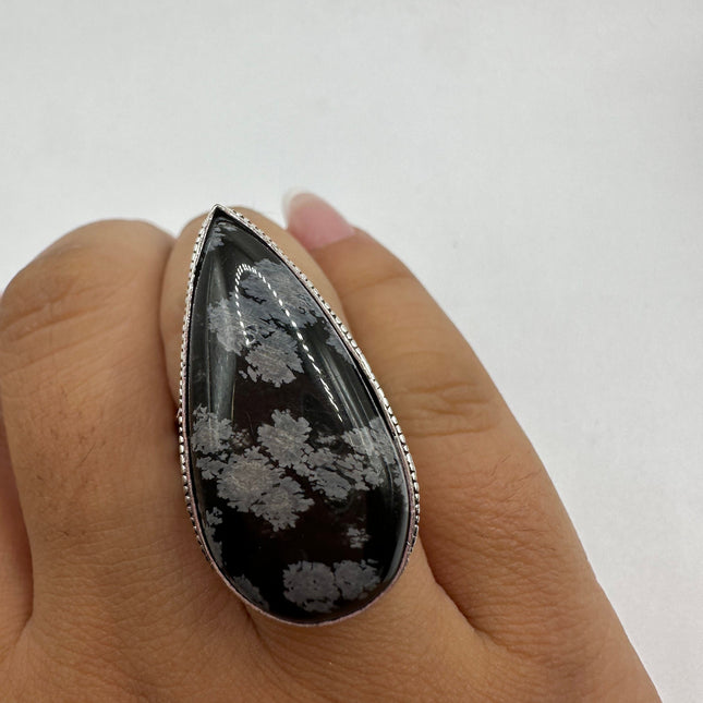 Vintage Gemstone Ring | Snowflake Obsidian Large Statement Cocktail Ring | Silver Bronze | Size 9