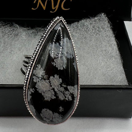 Vintage Gemstone Ring | Snowflake Obsidian Large Statement Cocktail Ring | Silver Bronze | Size 9