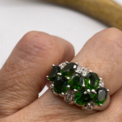 Vintage Silver Ring | Emerald Green Chrome Diopside White Sapphire Gemstone Multistone Cluster Cocktail | 925 Sterling Silver Wedding Band