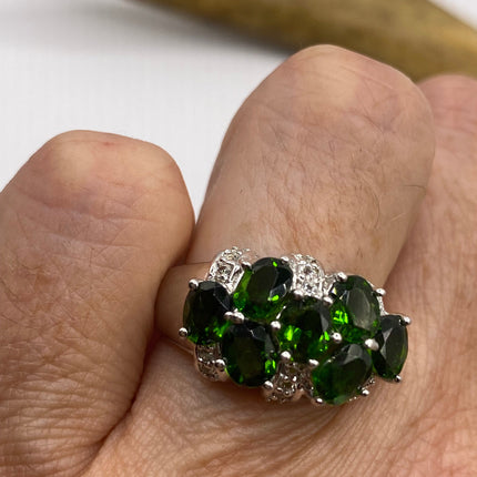 Vintage Silver Ring | Emerald Green Chrome Diopside White Sapphire Gemstone Multistone Cluster Cocktail | 925 Sterling Silver Wedding Band