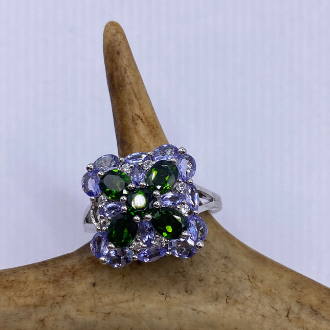 Vintage Green Chrome Diopside Blue Tanzanite Ring Band 925 Sterling Silver