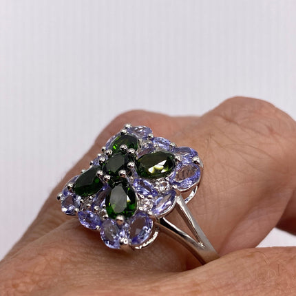 Vintage Green Chrome Diopside Blue Tanzanite Ring Band 925 Sterling Silver