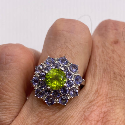 Vintage Silver Ring | Green Peridot Blue Tanzanite Gemstone Crystal Birthstone Ring | 925 Sterling Silver Band Crystal Cluster Cocktail Ring