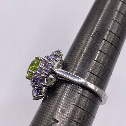 Vintage Silver Ring | Green Peridot Blue Tanzanite Gemstone Crystal Birthstone Ring | 925 Sterling Silver Band Crystal Cluster Cocktail Ring