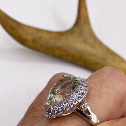 Vintage Green Amethyst Blue Tanzanite Ring Band 925 Sterling Silver