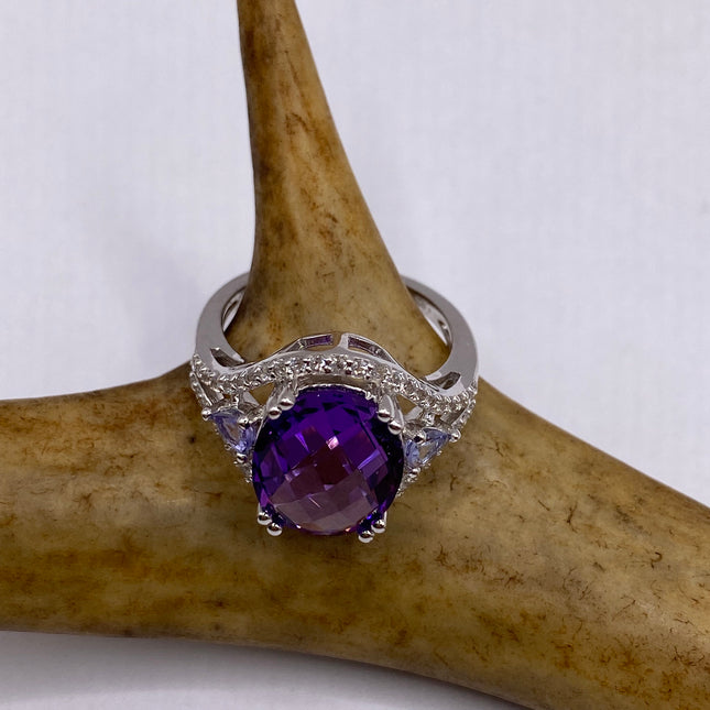 Vintage Purple Amethyst Blue Tanzanite Ring Band 925 Sterling Silver