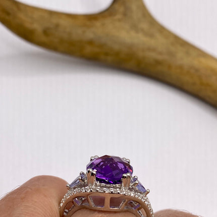Vintage Purple Amethyst Blue Tanzanite Ring Band 925 Sterling Silver