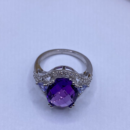 Vintage Purple Amethyst Blue Tanzanite Ring Band 925 Sterling Silver
