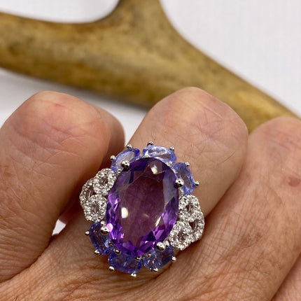 Vintage Purple Amethyst Blue Tanzanite Ring Band 925 Sterling Silver