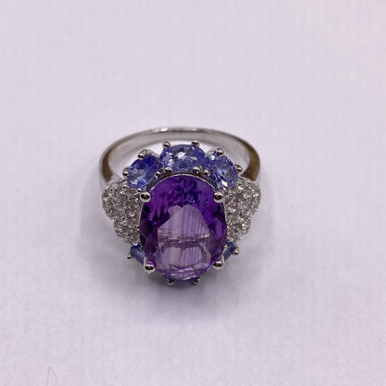 Vintage Purple Amethyst Blue Tanzanite Ring Band 925 Sterling Silver