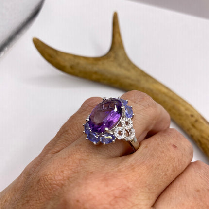 Vintage Purple Amethyst Blue Tanzanite Ring Band 925 Sterling Silver