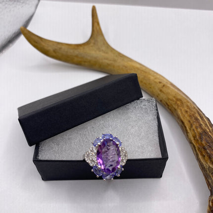 Vintage Purple Amethyst Blue Tanzanite Ring Band 925 Sterling Silver