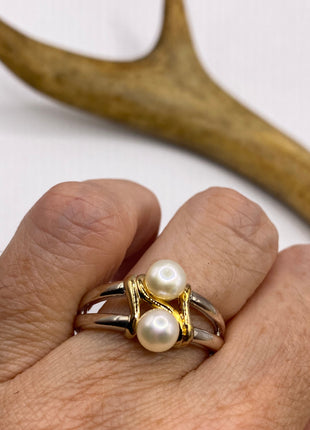 Vintage Silver Ring | Dainty White Pearl Gemstone | 925 Sterling Silver Band Unique Two Stone Cocktail Promise Engagement Wedding Ring