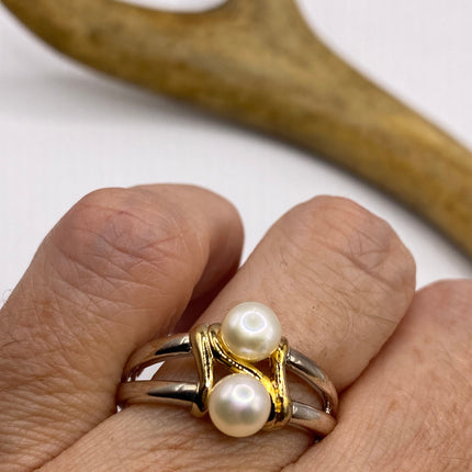 Vintage Silver Ring | Dainty White Pearl Gemstone | 925 Sterling Silver Band Unique Two Stone Cocktail Promise Engagement Wedding Ring