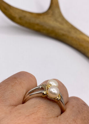 Vintage Silver Ring | Dainty White Pearl Gemstone | 925 Sterling Silver Band Unique Two Stone Cocktail Promise Engagement Wedding Ring