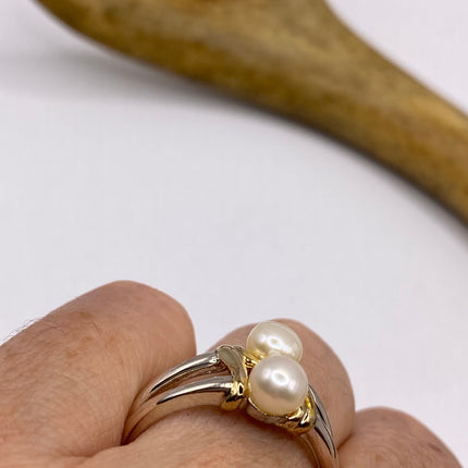 Vintage Silver Ring | Dainty White Pearl Gemstone | 925 Sterling Silver Band Unique Two Stone Cocktail Promise Engagement Wedding Ring