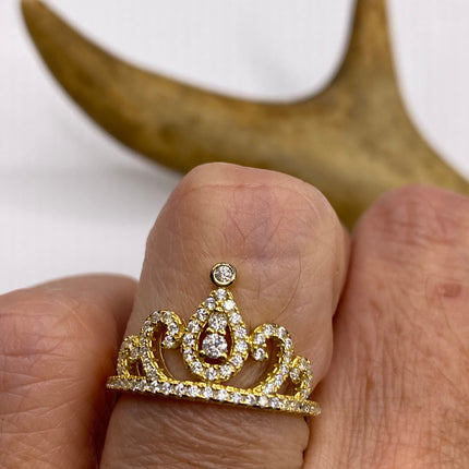 Vintage Crown Ring Cocktail Ring Band Golden 925 Sterling Silver