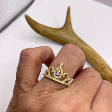 Vintage Crown Ring Cocktail Ring Band Golden 925 Sterling Silver