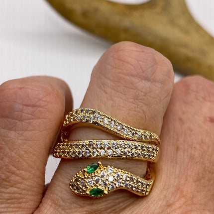 Vintage Gold Snake Ring | Green and Cubic Zirconia Crystal Diamond Gemstones 9k Gold Filled Band | Unique Gift Serpent Statement Ring