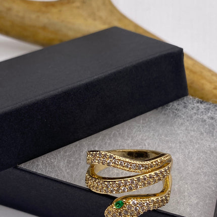 Vintage Gold Snake Ring | Green and Cubic Zirconia Crystal Diamond Gemstones 9k Gold Filled Band | Unique Gift Serpent Statement Ring