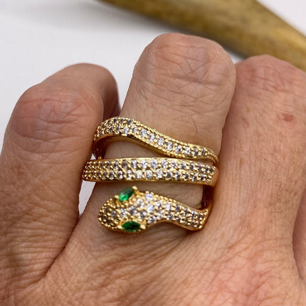 Vintage Gold Snake Ring | Green and Cubic Zirconia Crystal Diamond Gemstones 9k Gold Filled Band | Unique Gift Serpent Statement Ring