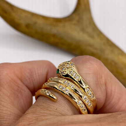 Vintage Gold Snake Ring | Cubic Zirconia Crystal Diamond Gemstones 9k Gold Filled Band | Unique Gift Serpent Statement Cocktail Ring