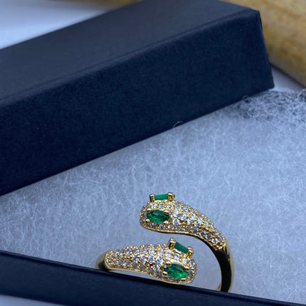 Vintage Gold Snake Ring | Green and Cubic Zirconia Crystal Diamond Gemstones 9k Gold Filled Band | Unique Gift Serpent Statement Ring