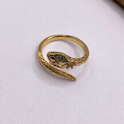 Vintage Gold Snake Ring | Green and Cubic Zirconia Crystal Diamond Gemstones 9k Gold Filled Band | Unique Gift Serpent Statement Ring