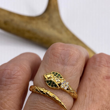 Vintage Gold Snake Ring | Green and Cubic Zirconia Crystal Diamond Gemstones 9k Gold Filled Band | Unique Gift Serpent Statement Ring