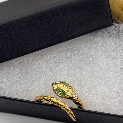 Vintage Gold Snake Ring | Green and Cubic Zirconia Crystal Diamond Gemstones 9k Gold Filled Band | Unique Gift Serpent Statement Ring