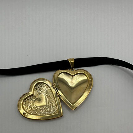 Vintage Gold Locket | Large Etched Heart Pendant Memory Charm | Golden Stainless Steel Velvet Choker Necklace Holds Small Photo Pet Memory