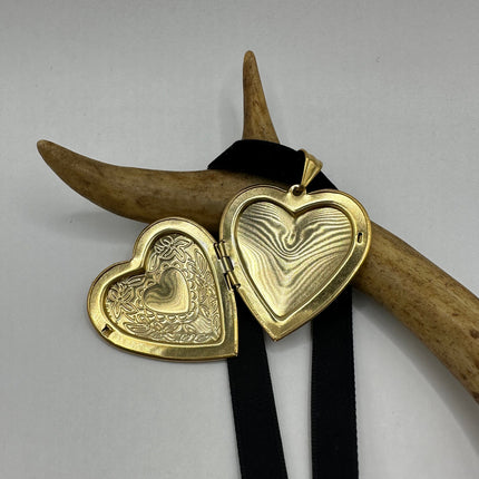 Vintage Gold Locket | Large Etched Heart Pendant Memory Charm | Golden Stainless Steel Velvet Choker Necklace Holds Small Photo Pet Memory