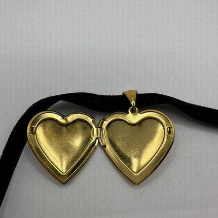 Vintage Gold Locket | Small Heart Photo Memory Charm Velvet Choker Necklace | Golden Stainless Steel Pendant Holds Small Photo or Pet Memory