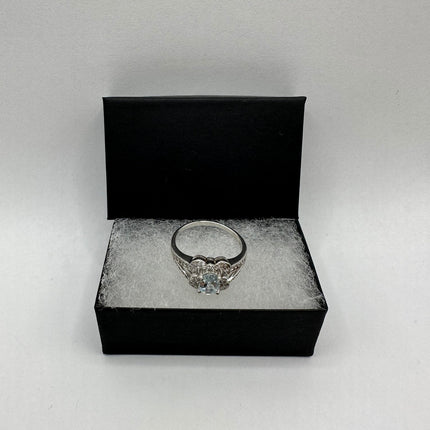 Vintage Silver Ring | Blue Aquamarine White Sapphire Gemstone Statement Ring | 925 Sterling Silver Band