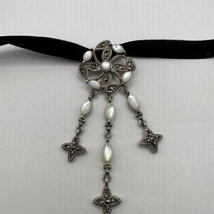 Vintage Silver Choker Necklace | Mother of Pearl Gemstone Marcasite Crystal Set in 925 Sterling Silver | Velvet Ribbon Choker Necklace