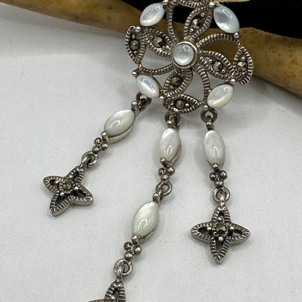 Vintage Silver Choker Necklace | Mother of Pearl Gemstone Marcasite Crystal Set in 925 Sterling Silver | Velvet Ribbon Choker Necklace