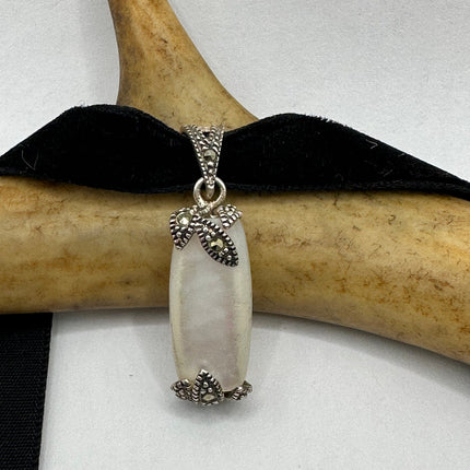 Vintage Gemstone Pendant Choker Necklace | Mother of Pearl Marcasite Crystal 925 Sterling Silver Pendant Ribbon Choker Necklace