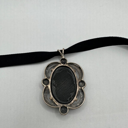 Vintage Gemstone Pendant Ribbon Choker Necklace | 925 Sterling Silver Black Onyx Marcasite Crystal Birthstone Necklace