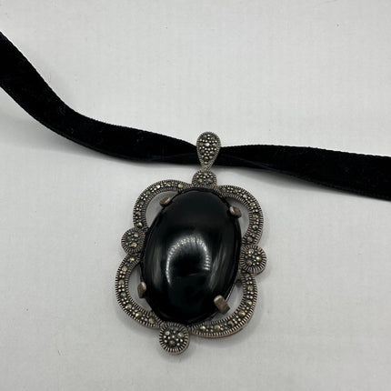Vintage Gemstone Pendant Ribbon Choker Necklace | 925 Sterling Silver Black Onyx Marcasite Crystal Birthstone Necklace