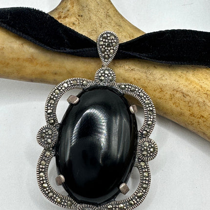 Vintage Gemstone Pendant Ribbon Choker Necklace | 925 Sterling Silver Black Onyx Marcasite Crystal Birthstone Necklace
