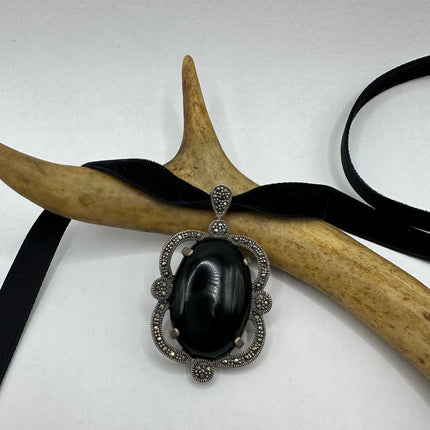 Vintage Gemstone Pendant Ribbon Choker Necklace | 925 Sterling Silver Black Onyx Marcasite Crystal Birthstone Necklace