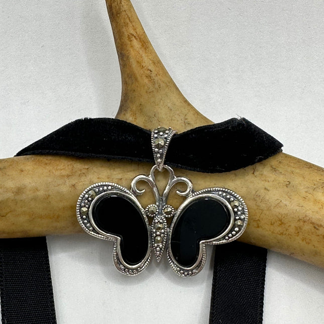 Vintage Silver Pendant Necklace | Black Onyx Gemstone Marcasite Crystal Butterfly | 925 Sterling Silver Pendant Ribbon Choker Necklace
