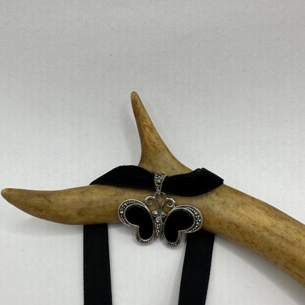 Vintage Silver Pendant Necklace | Black Onyx Gemstone Marcasite Crystal Butterfly | 925 Sterling Silver Pendant Ribbon Choker Necklace